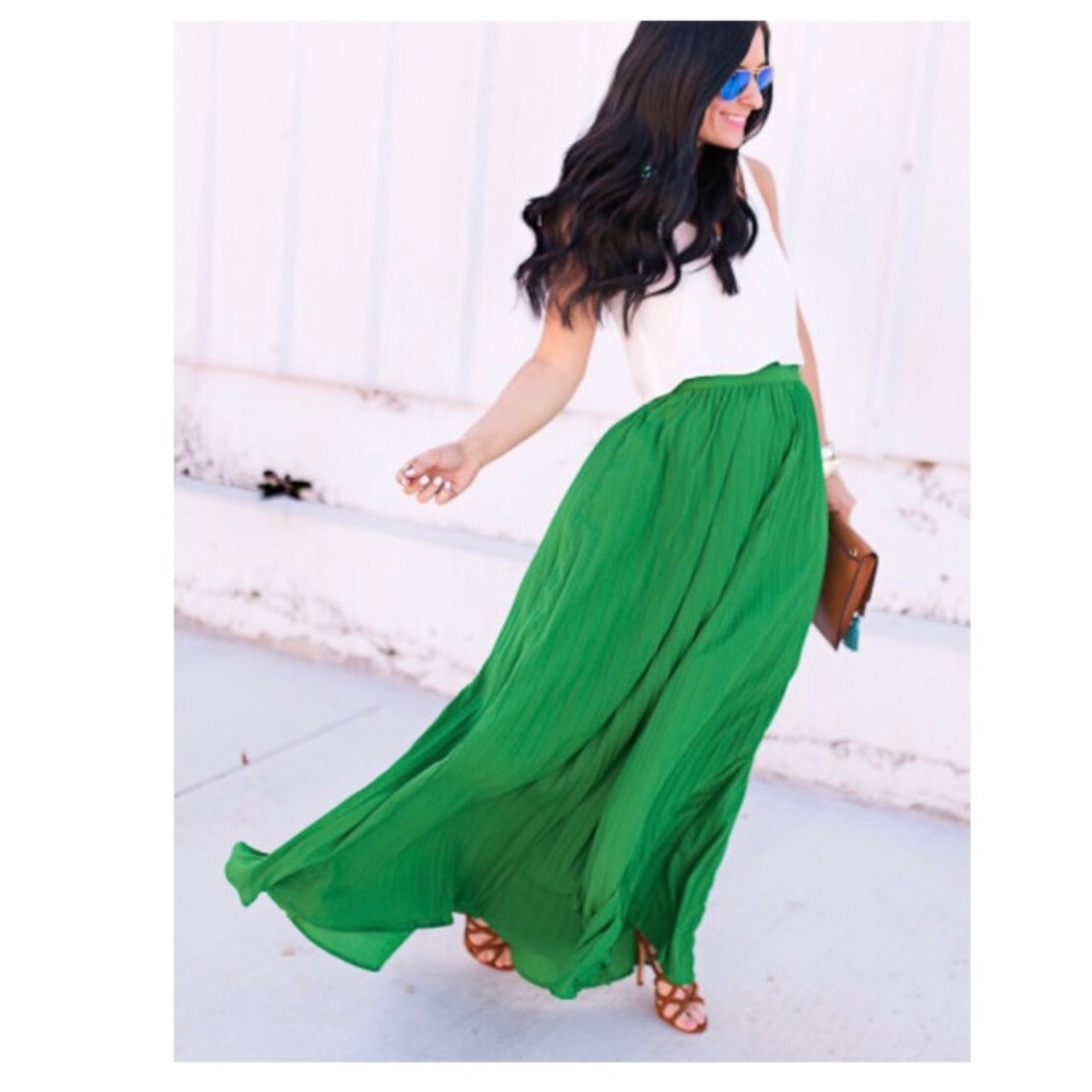 Green pleated maxi skirt